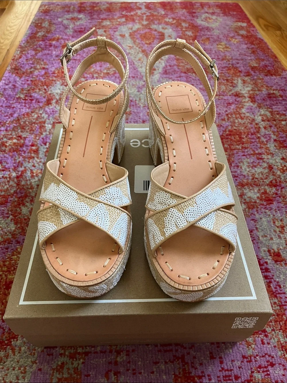 Eniko Dolce Vita Beige & White Sequin Platform Sandals with Ankle Strap